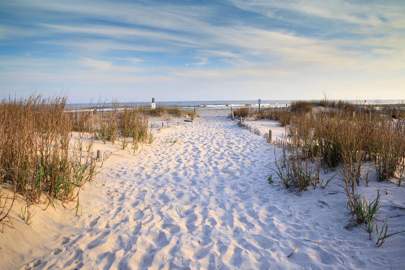 A sandy beach path between dunes and sea oats leading to the ocean, like the beach accesses near many Treasure Coast Florida cities